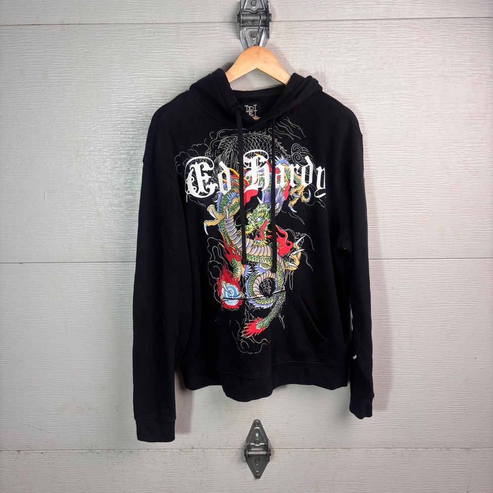 Ed Hardy Dragon Hoodie Large Black Y2K Tattoo Graphic Pullover